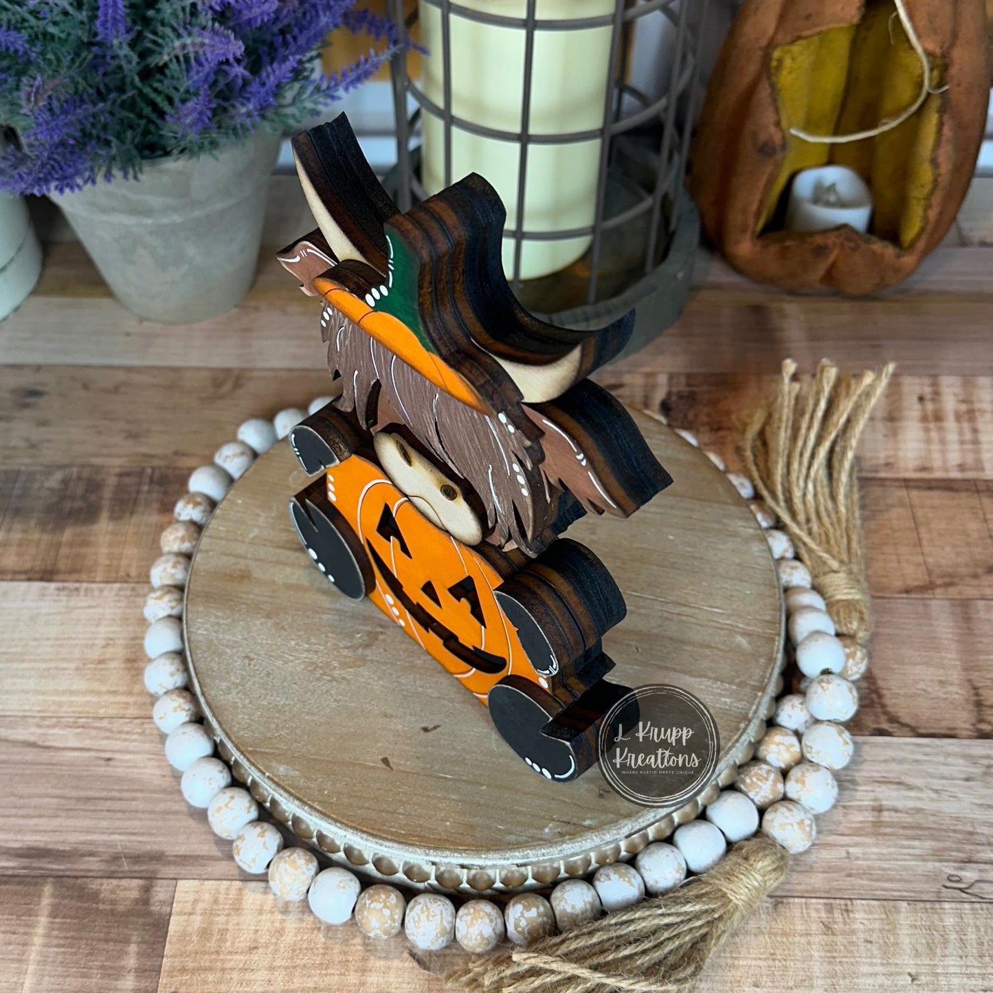 Rustic Halloween Wooden Highland Cow Pumpkin  Hand-Painted Fall Decor