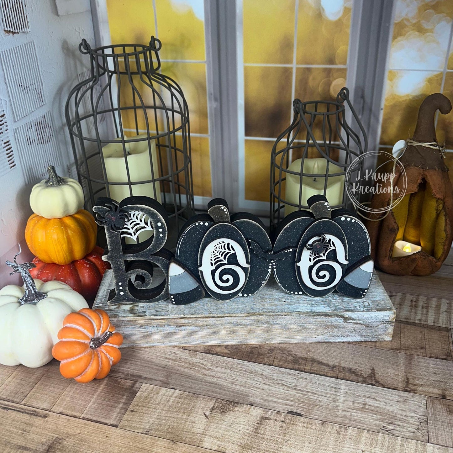 Halloween BOO Wooden Sign  Chunky Farmhouse Decor with Pumpkins and Gothic Candy Corn