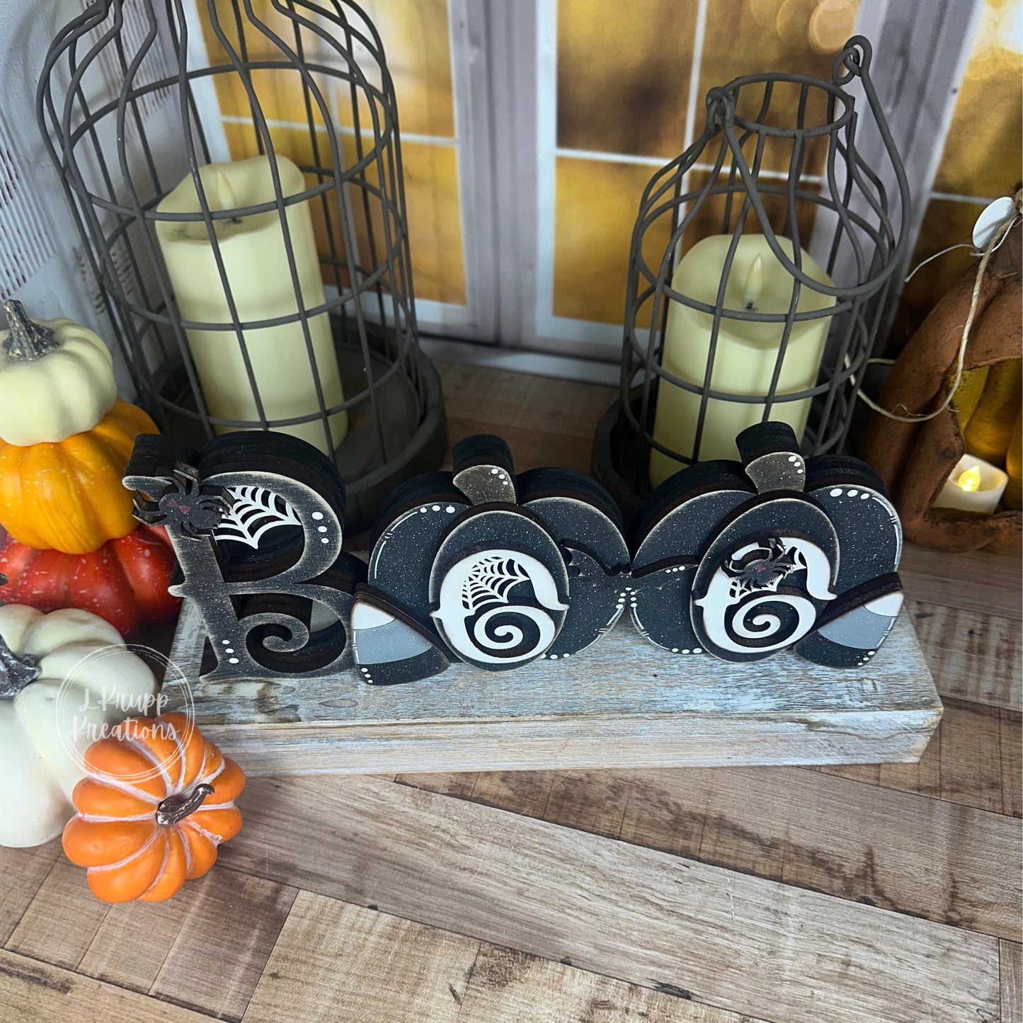 Halloween BOO Wooden Sign – Chunky Farmhouse Decor with Pumpkins and Gothic Candy Corn