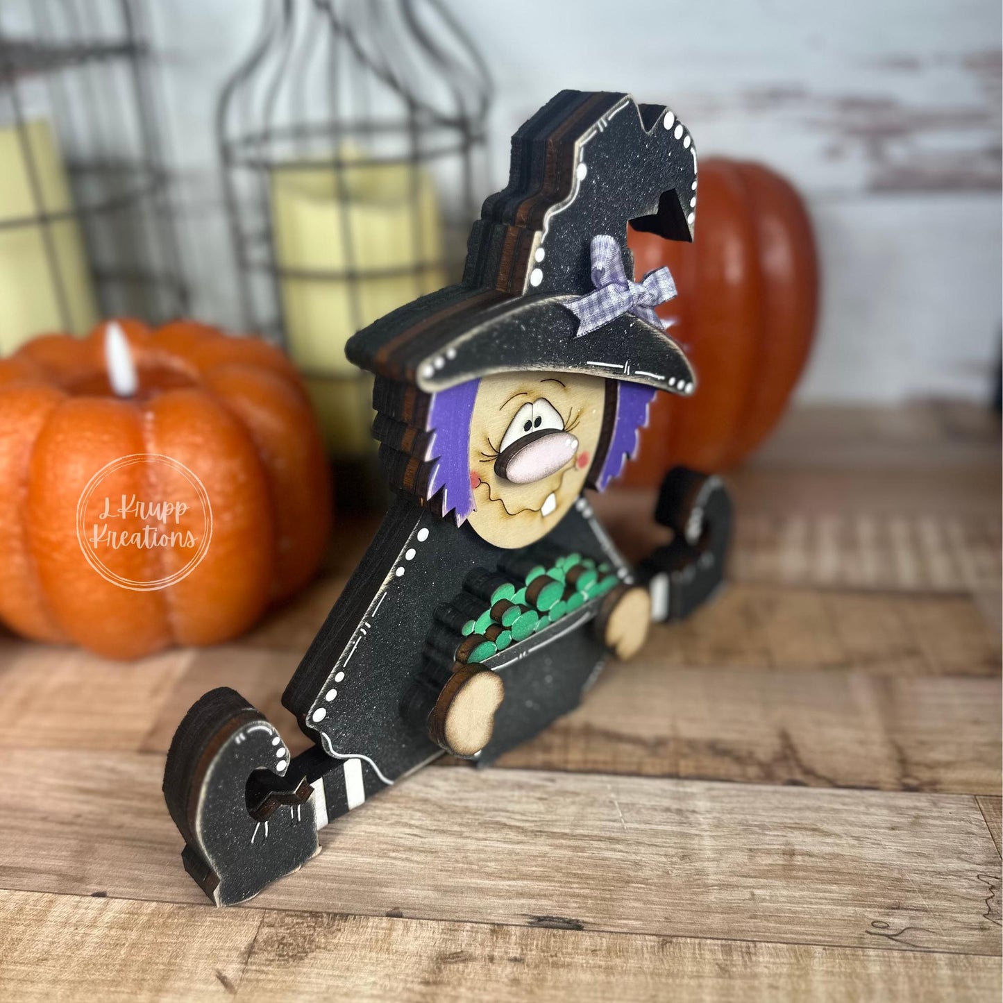 Rustic Hand-Painted Wooden Witch with Cauldron  Adorable Fall & Halloween Decor