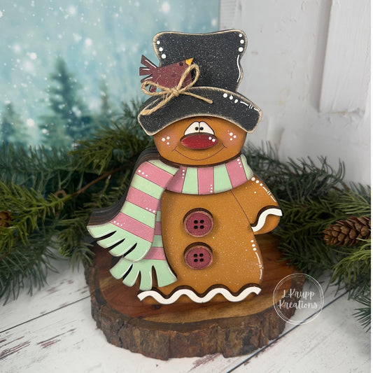 Hand-Painted Wooden Gingerbread Man  Christmas Shelf Sitter with Top Hat & Scarf  - Christmas in July Collection