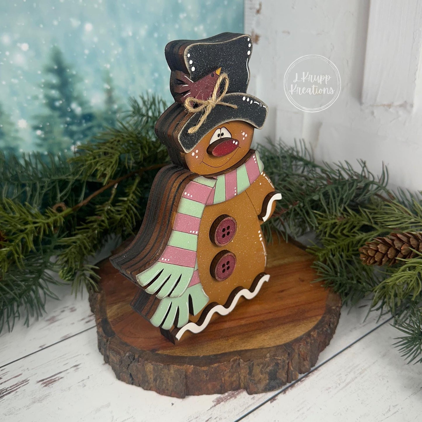 Hand-Painted Wooden Gingerbread Man  Christmas Shelf Sitter with Top Hat & Scarf  - Christmas in July Collection