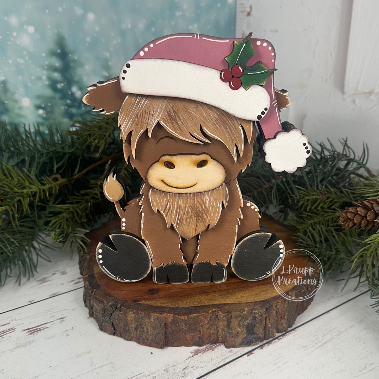 Hand-Painted Wooden Highland Cow Christmas Shelf Sitter with Santa Hat  - Christmas in July Collection