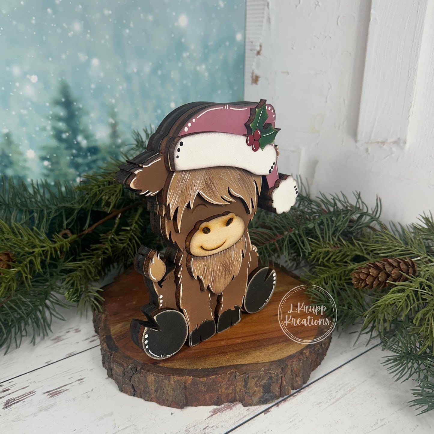 Hand-Painted Wooden Highland Cow Christmas Shelf Sitter with Santa Hat  - Christmas in July Collection