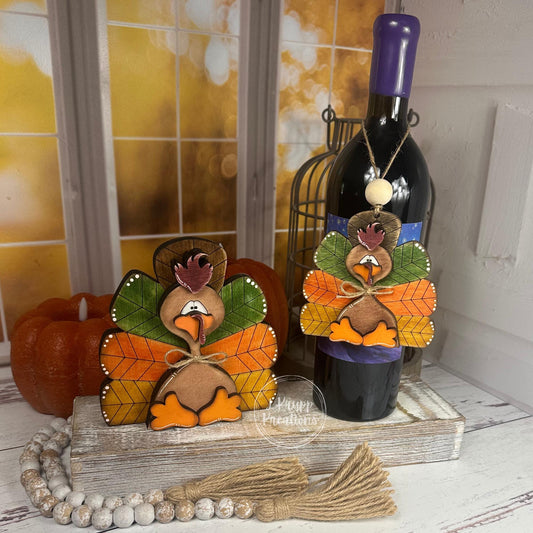Chunky Rustic Wooden Turkey + Turkey Wine Bottle Gift Tag  Thanksgiving Decor & Hostess Gift
