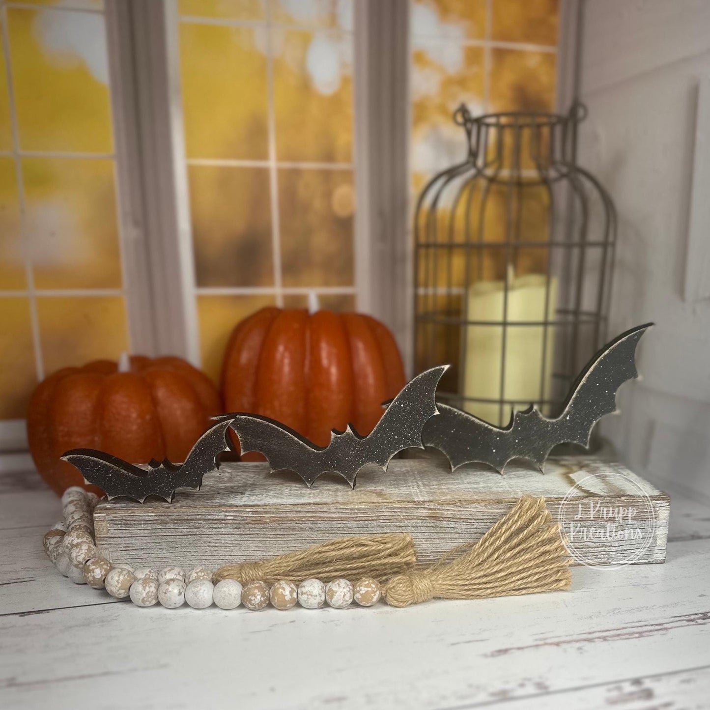 Rustic Wooden Halloween Bats  Hand Painted Birch Bat Decor for Tiered Tray, Shelf, or Mantel