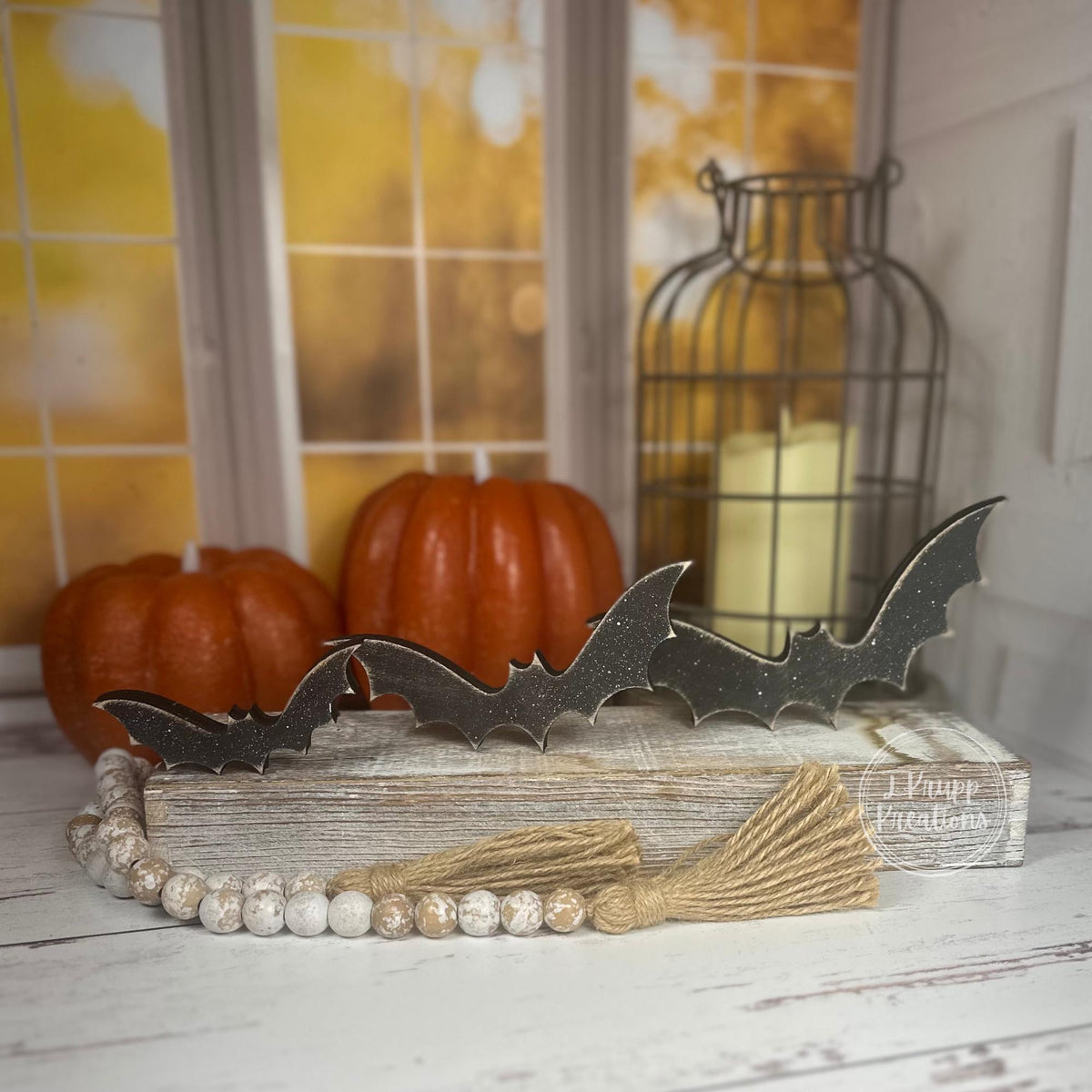 Tiered Tray Bats — Rustic Wood Halloween Shelf Décor, Farmhouse Halloween Accent