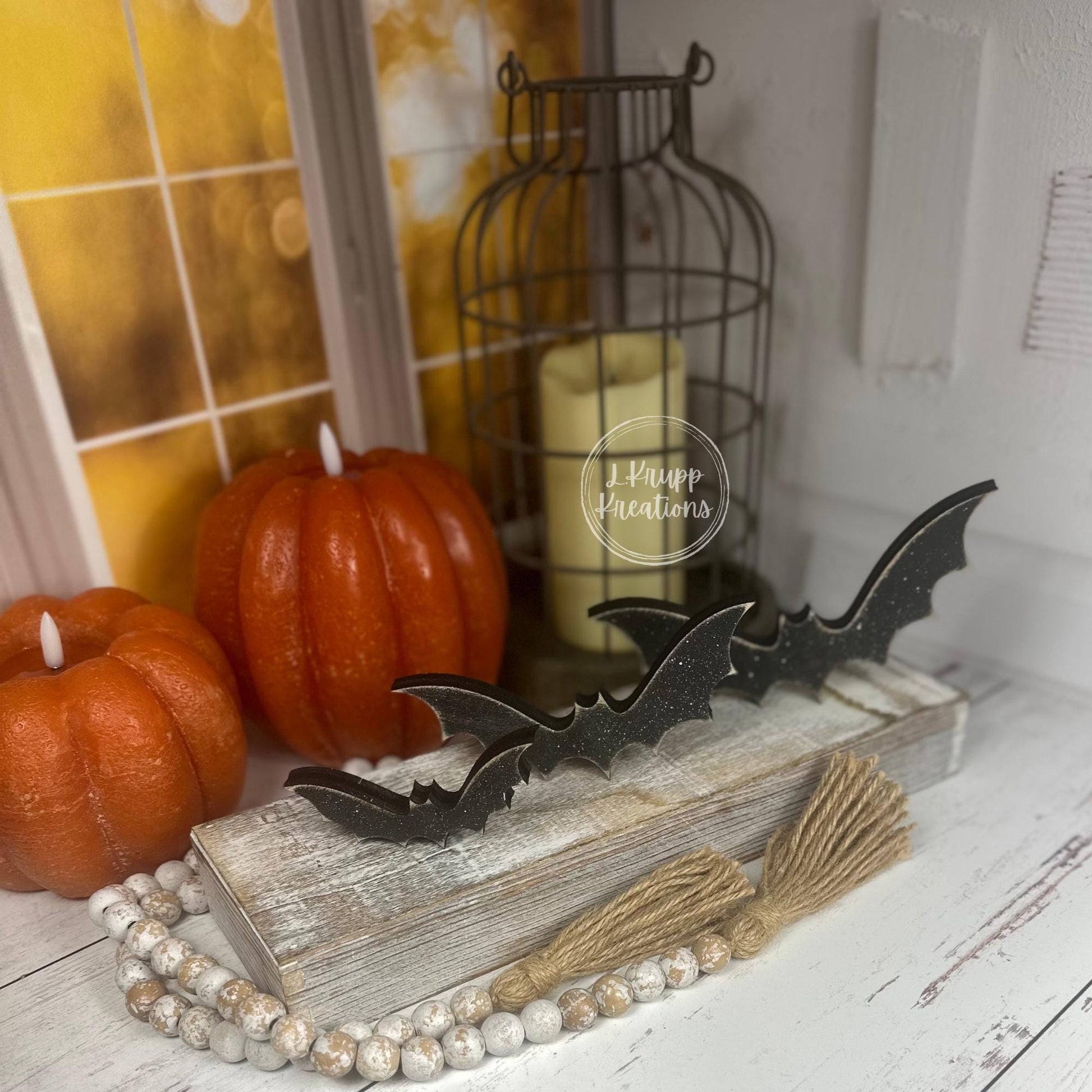 Tiered Tray Bats — Rustic Wood Halloween Shelf Décor, Farmhouse Halloween Accent