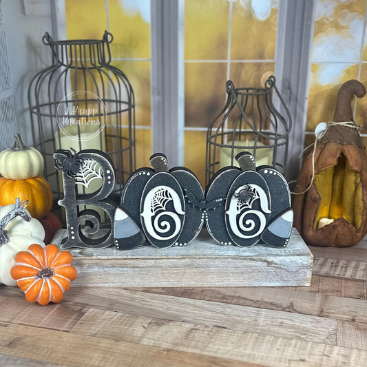 Halloween BOO Wooden Sign  Chunky Farmhouse Decor with Pumpkins and Gothic Candy Corn