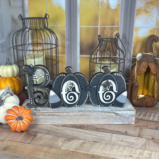 Halloween BOO Wooden Sign – Chunky Farmhouse Decor with Pumpkins and Gothic Candy Corn
