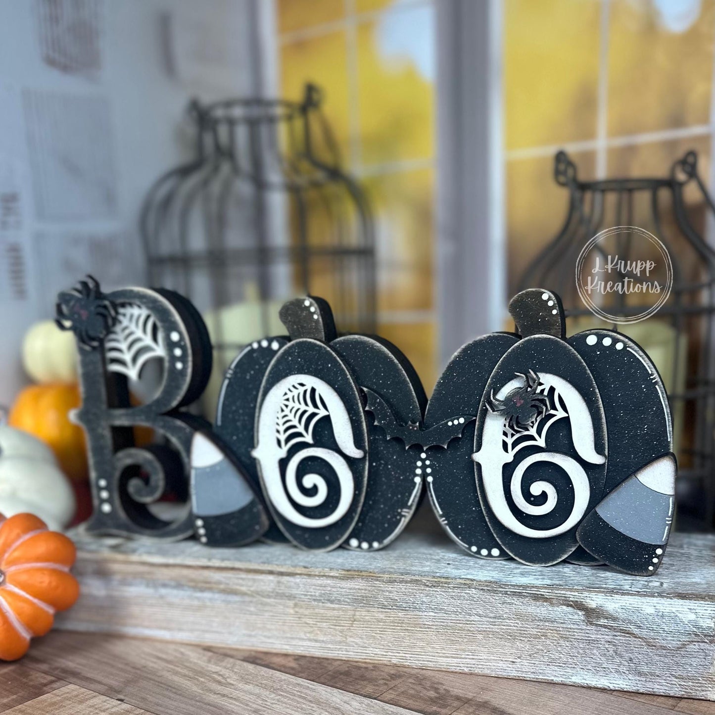 Halloween BOO Wooden Sign – Chunky Farmhouse Decor with Pumpkins and Gothic Candy Corn