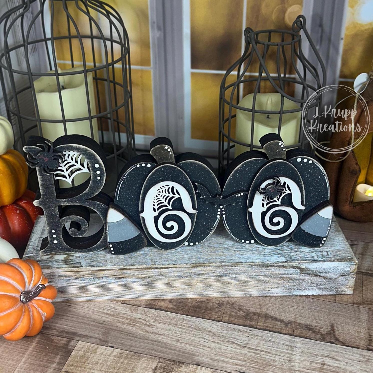 Halloween BOO Wooden Sign – Chunky Farmhouse Decor with Pumpkins and Gothic Candy Corn