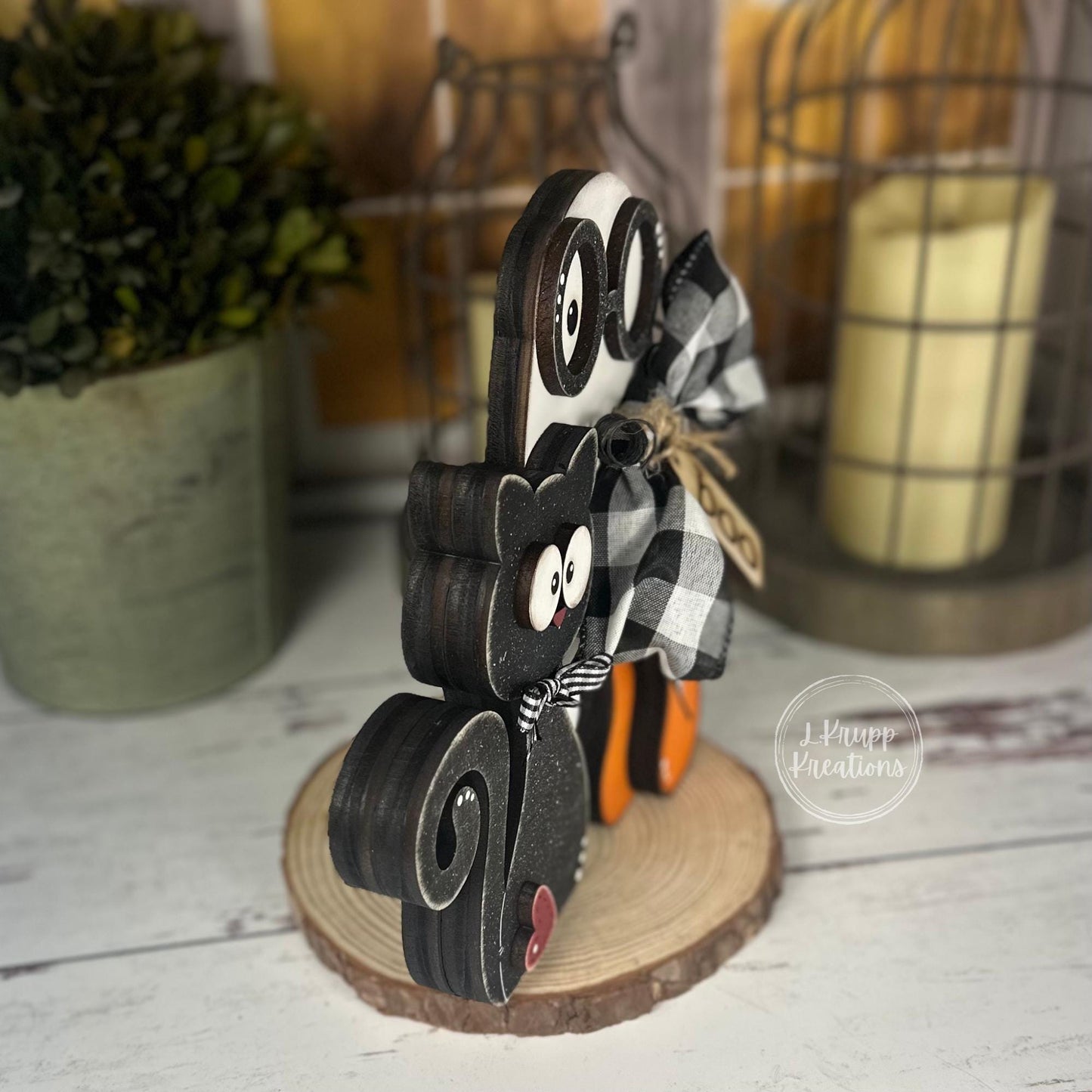 Stitched Boo Shelf Sitter – Black Cat, Ghost & Pumpkin Halloween Decor