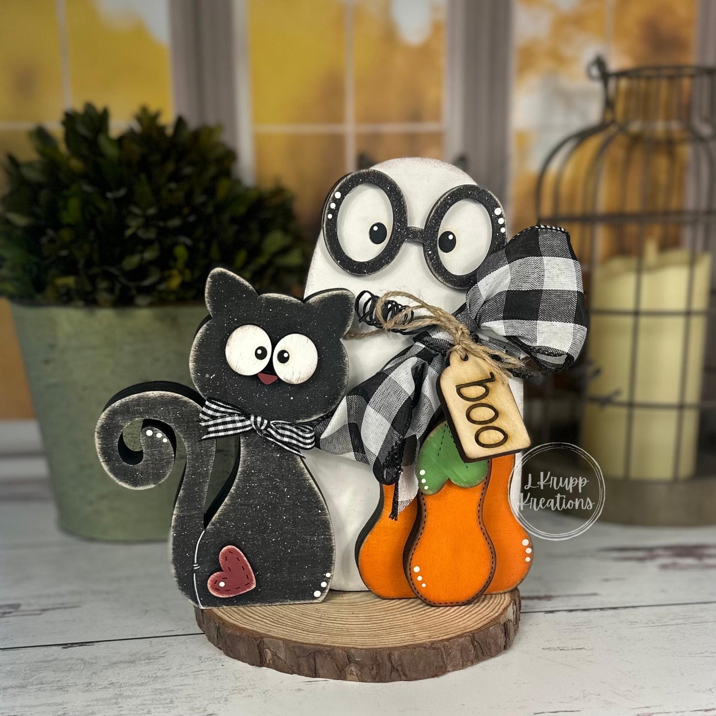 Stitched Boo Shelf Sitter – Black Cat, Ghost & Pumpkin Halloween Decor