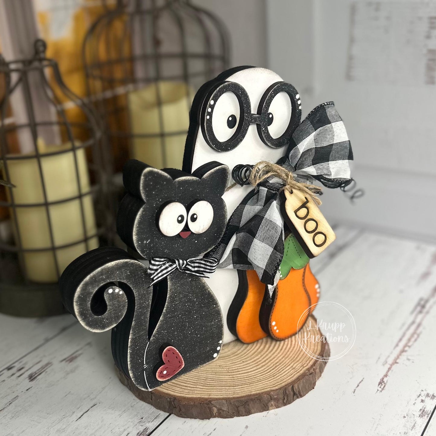 Stitched Boo Shelf Sitter – Black Cat, Ghost & Pumpkin Halloween Decor