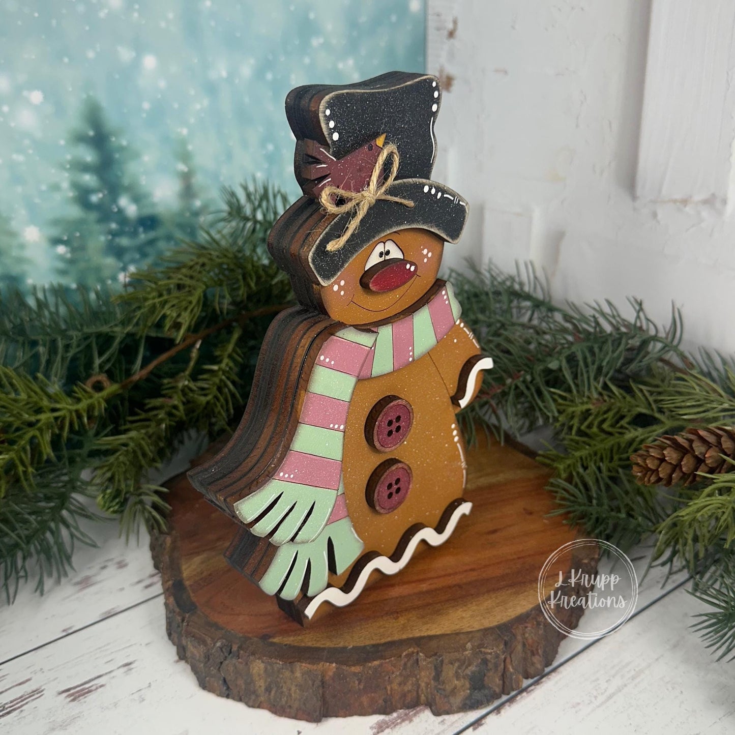 Hand-Painted Wooden Gingerbread Man  Christmas Shelf Sitter with Top Hat & Scarf  - Christmas in July Collection