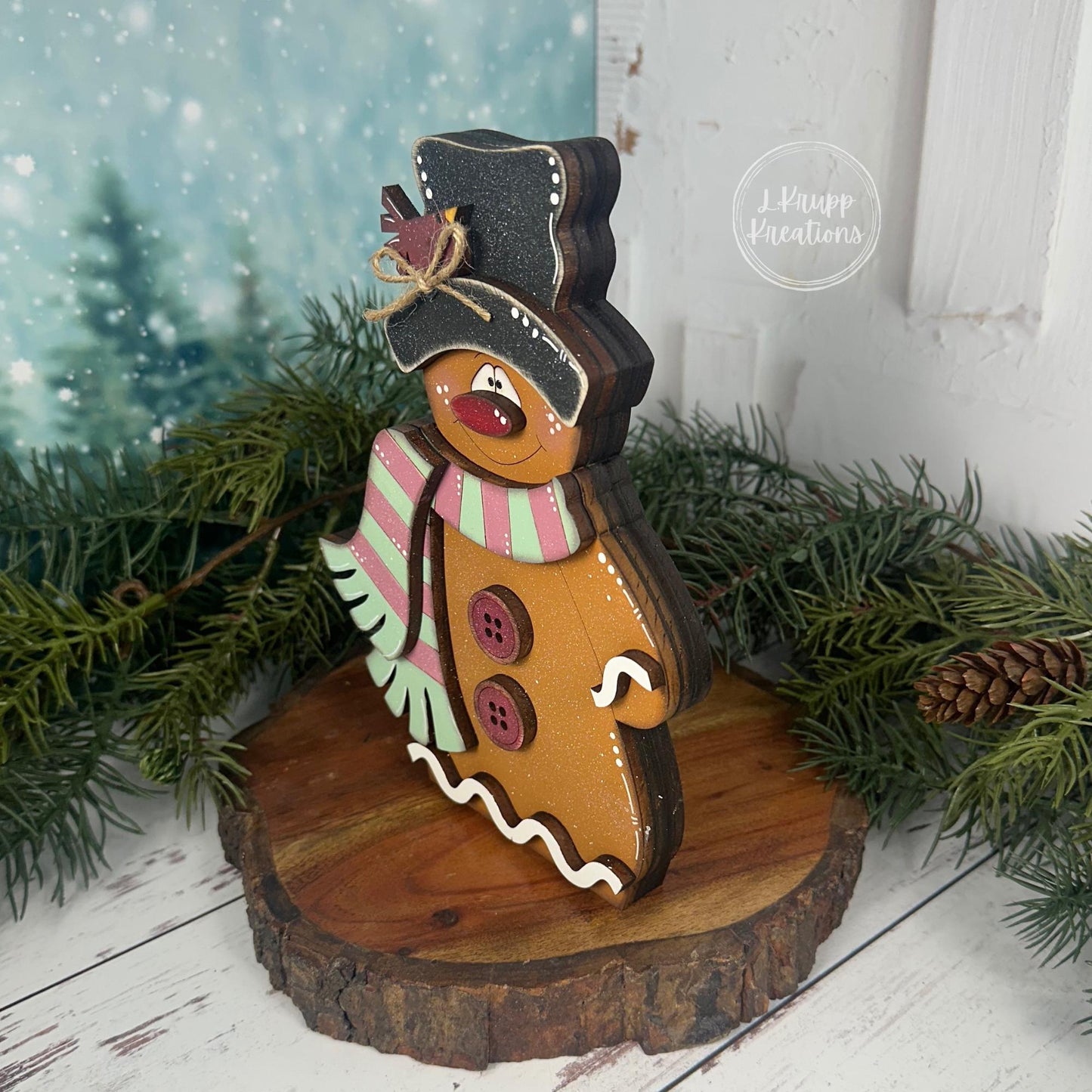 Hand-Painted Wooden Gingerbread Man  Christmas Shelf Sitter with Top Hat & Scarf  - Christmas in July Collection
