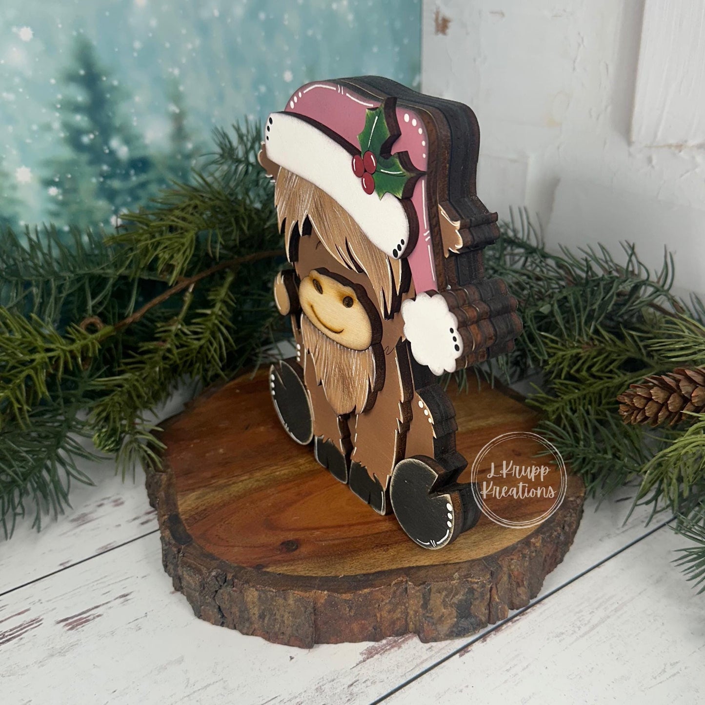 Hand-Painted Wooden Highland Cow Christmas Shelf Sitter with Santa Hat  - Christmas in July Collection