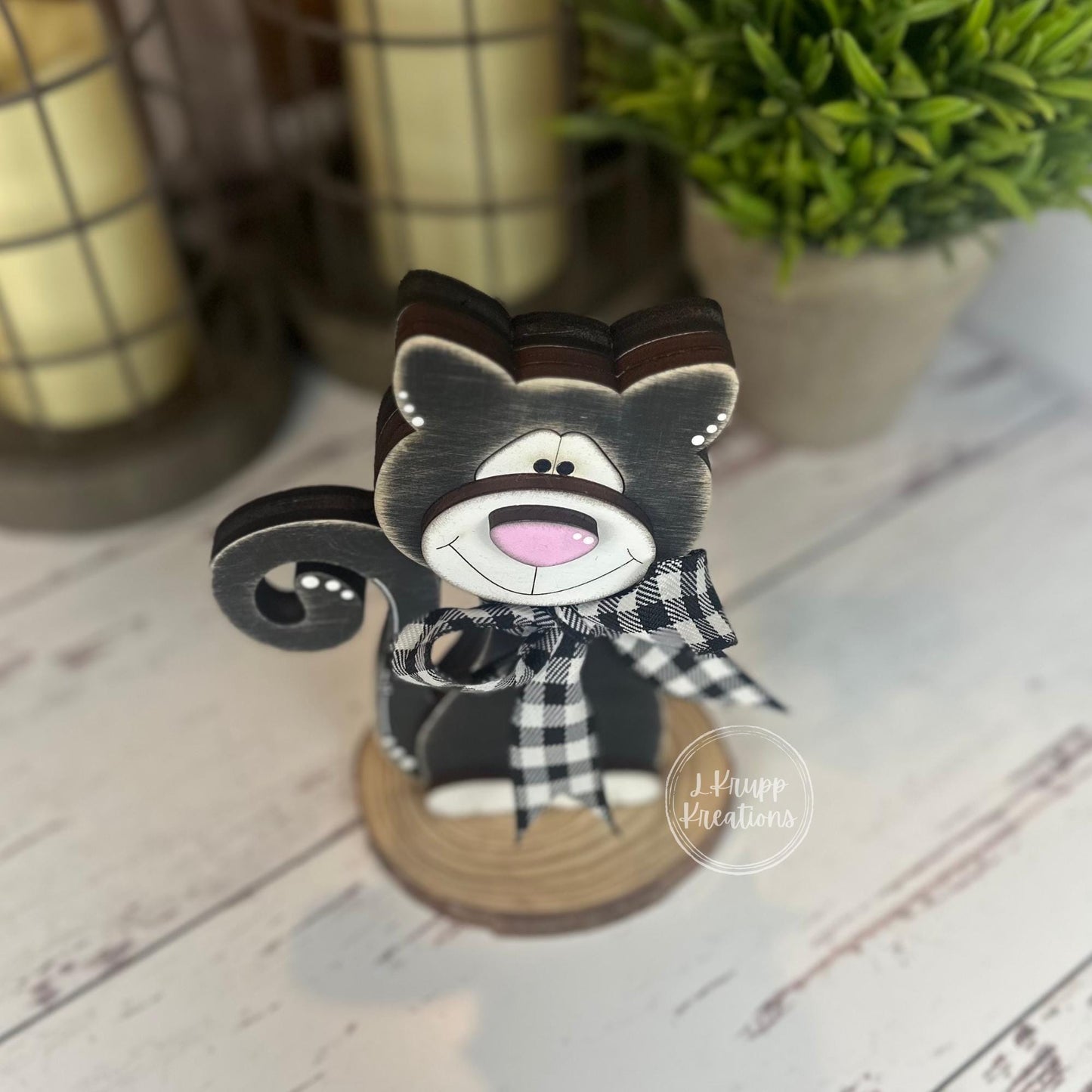 Black & White Wooden Cat  Hand-Painted Shelf Sitter or Decor