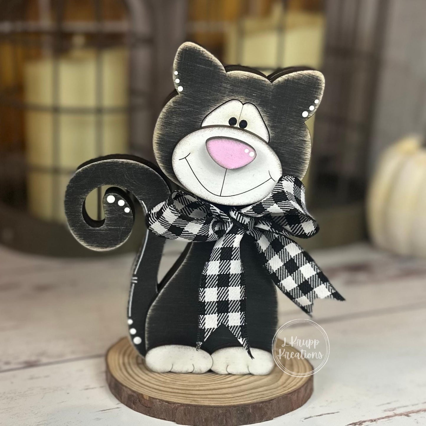 Black & White Wooden Cat  Hand-Painted Shelf Sitter or Decor