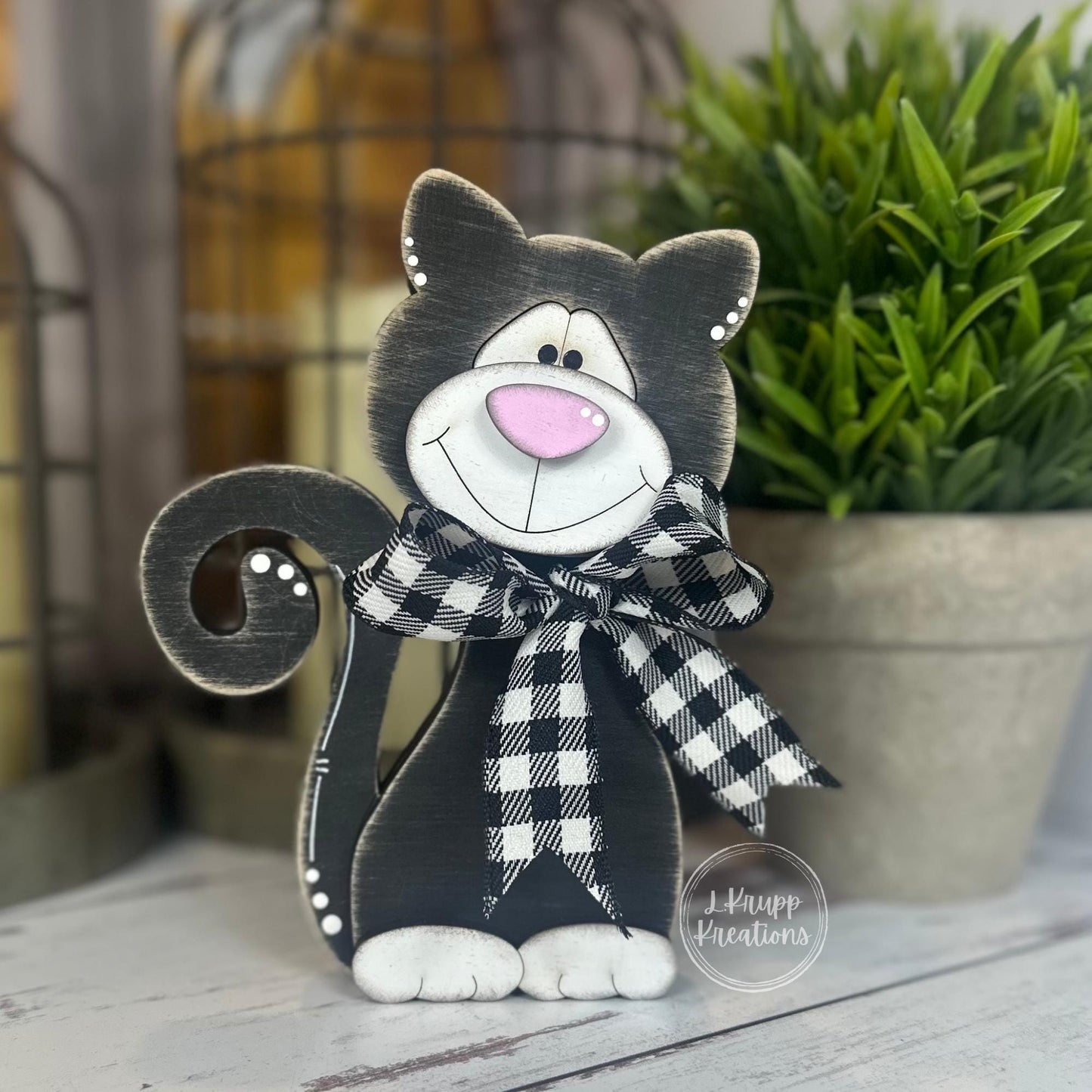 Black & White Wooden Cat  Hand-Painted Shelf Sitter or Decor