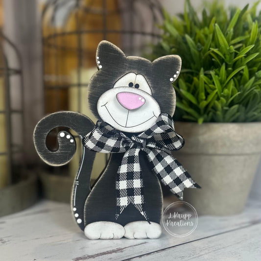 Black & White Wooden Cat  Hand-Painted Shelf Sitter or Decor