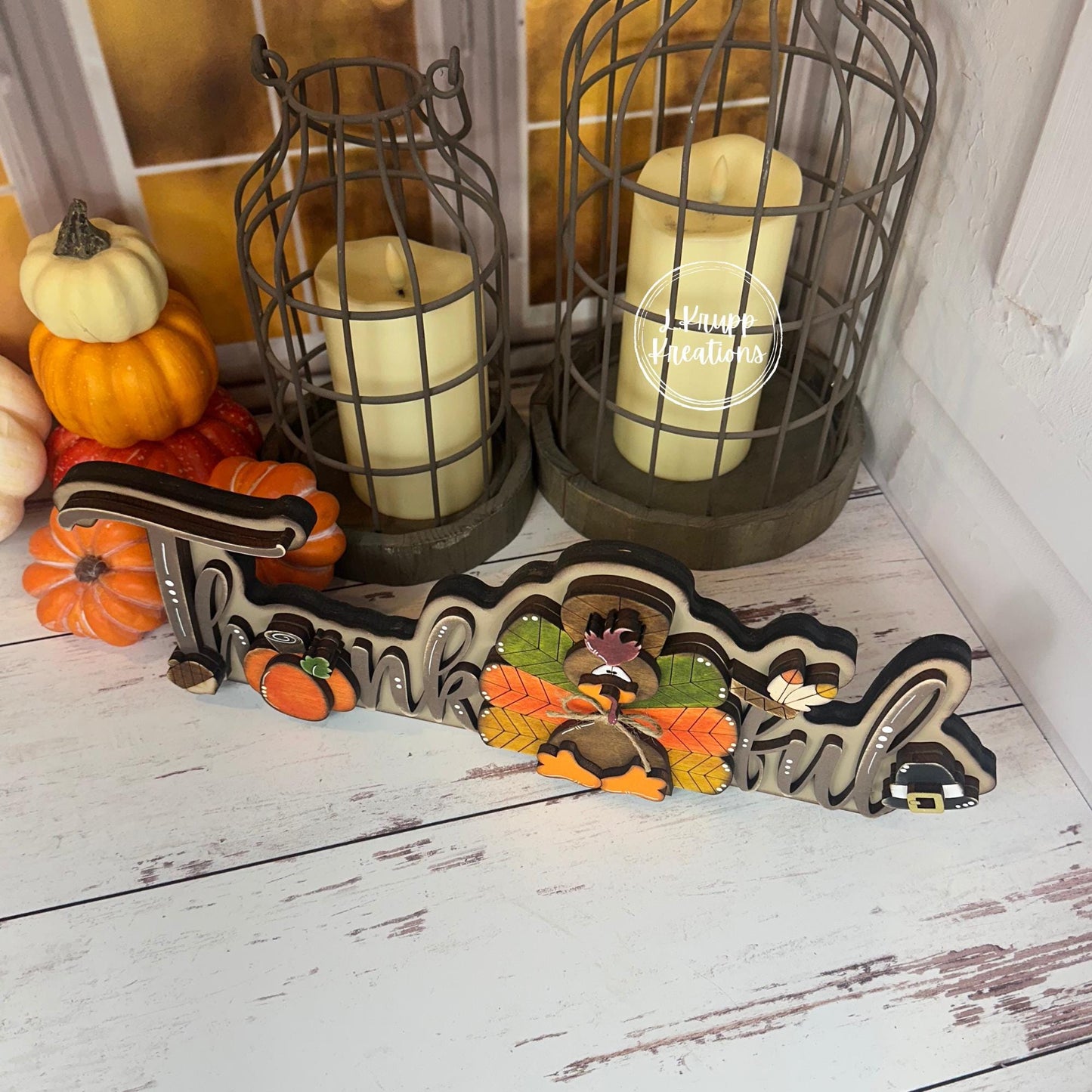 Thankful Thanksgiving Sign  Rustic Birch Wood Shelf Sitter with Turkey, Pumpkin & Pilgrim Hat  Hand Painted Fall Decor