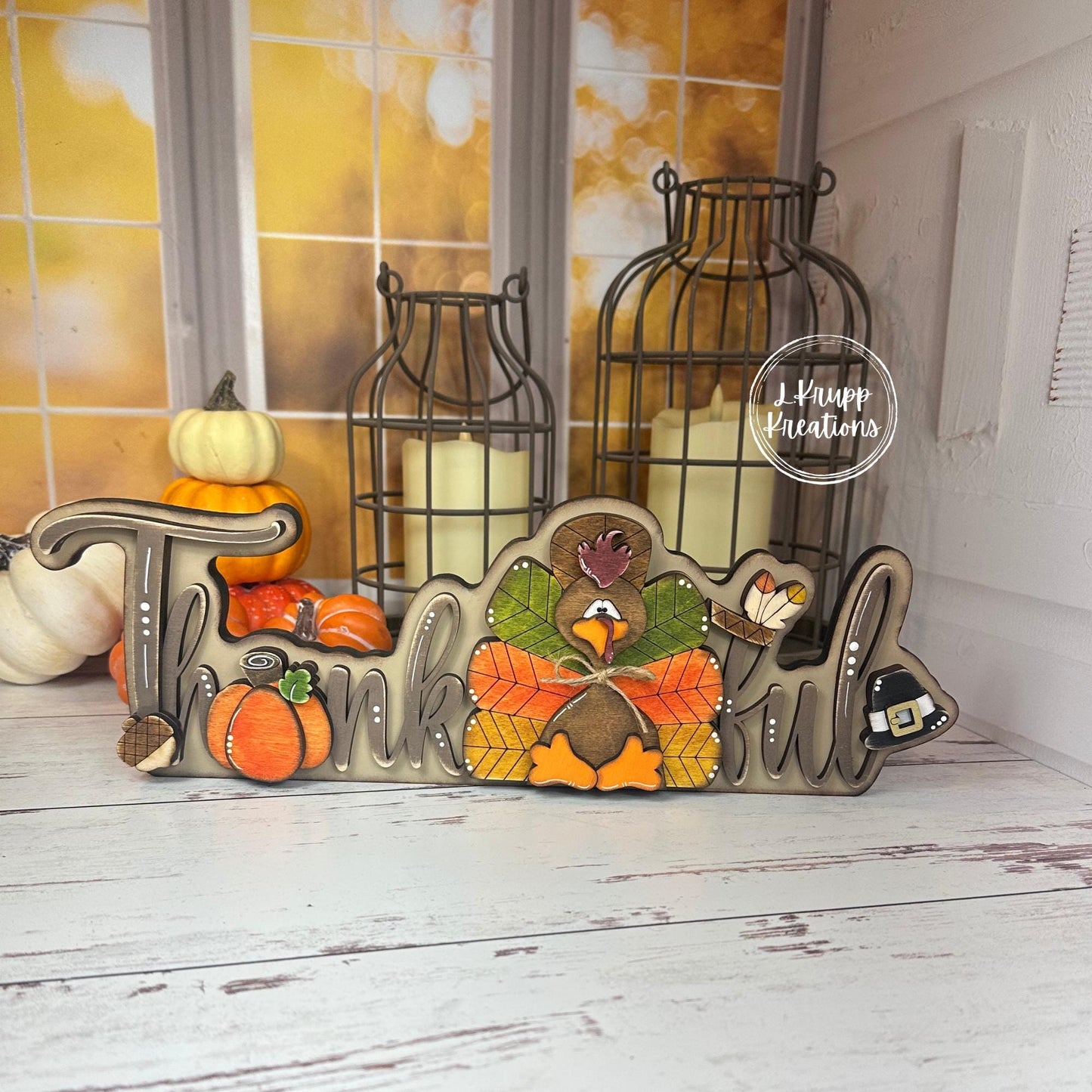 Thankful Thanksgiving Sign  Rustic Birch Wood Shelf Sitter with Turkey, Pumpkin & Pilgrim Hat  Hand Painted Fall Decor