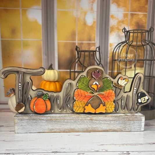 Thankful Thanksgiving Sign  Rustic Birch Wood Shelf Sitter with Turkey, Pumpkin & Pilgrim Hat  Hand Painted Fall Decor