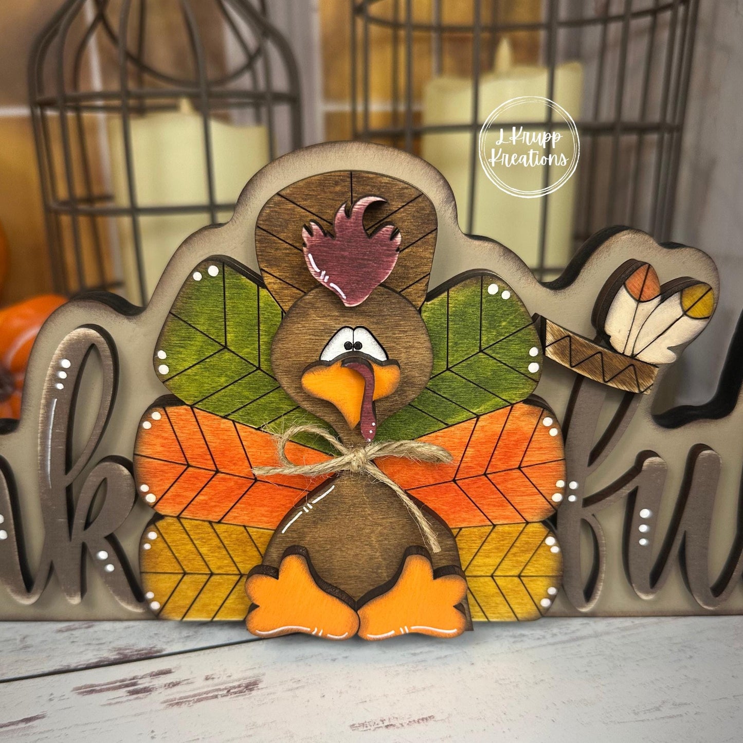 Thankful Thanksgiving Sign  Rustic Birch Wood Shelf Sitter with Turkey, Pumpkin & Pilgrim Hat  Hand Painted Fall Decor