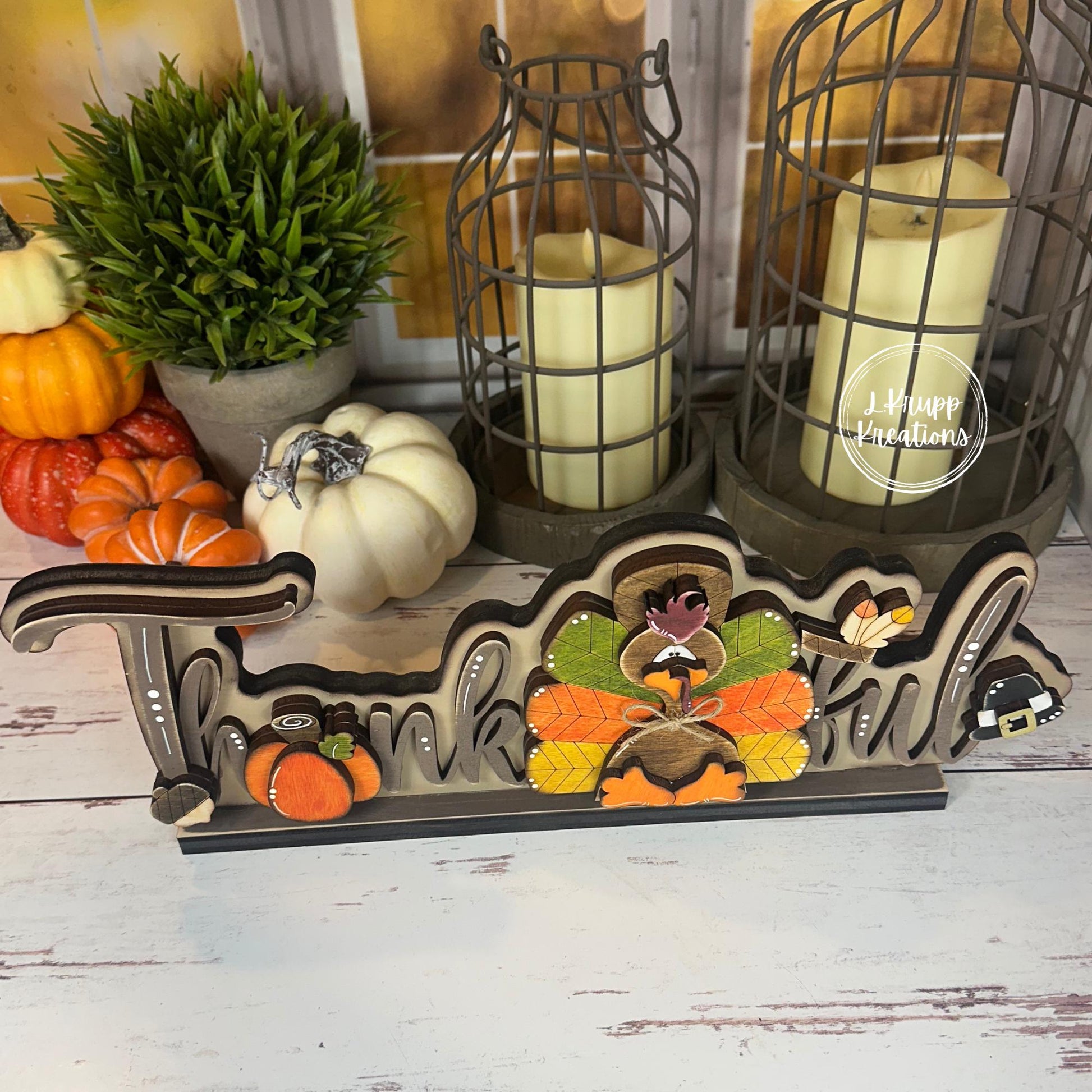 Thankful Thanksgiving Sign Rustic Birch Wood Shelf Sitter with Turkey, Pumpkin & Pilgrim Hat Hand Painted Fall Decor