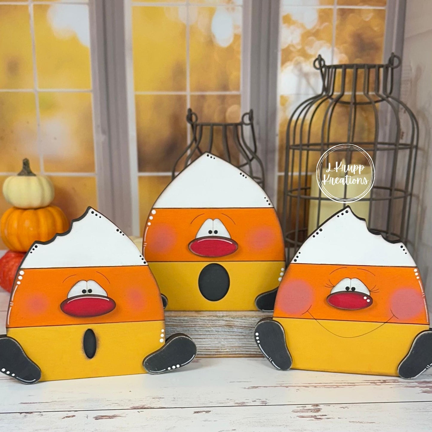 Chunky Wood Candy Corn Trio  Hand Painted Distressed Halloween Shelf Sitters with Fun Faces