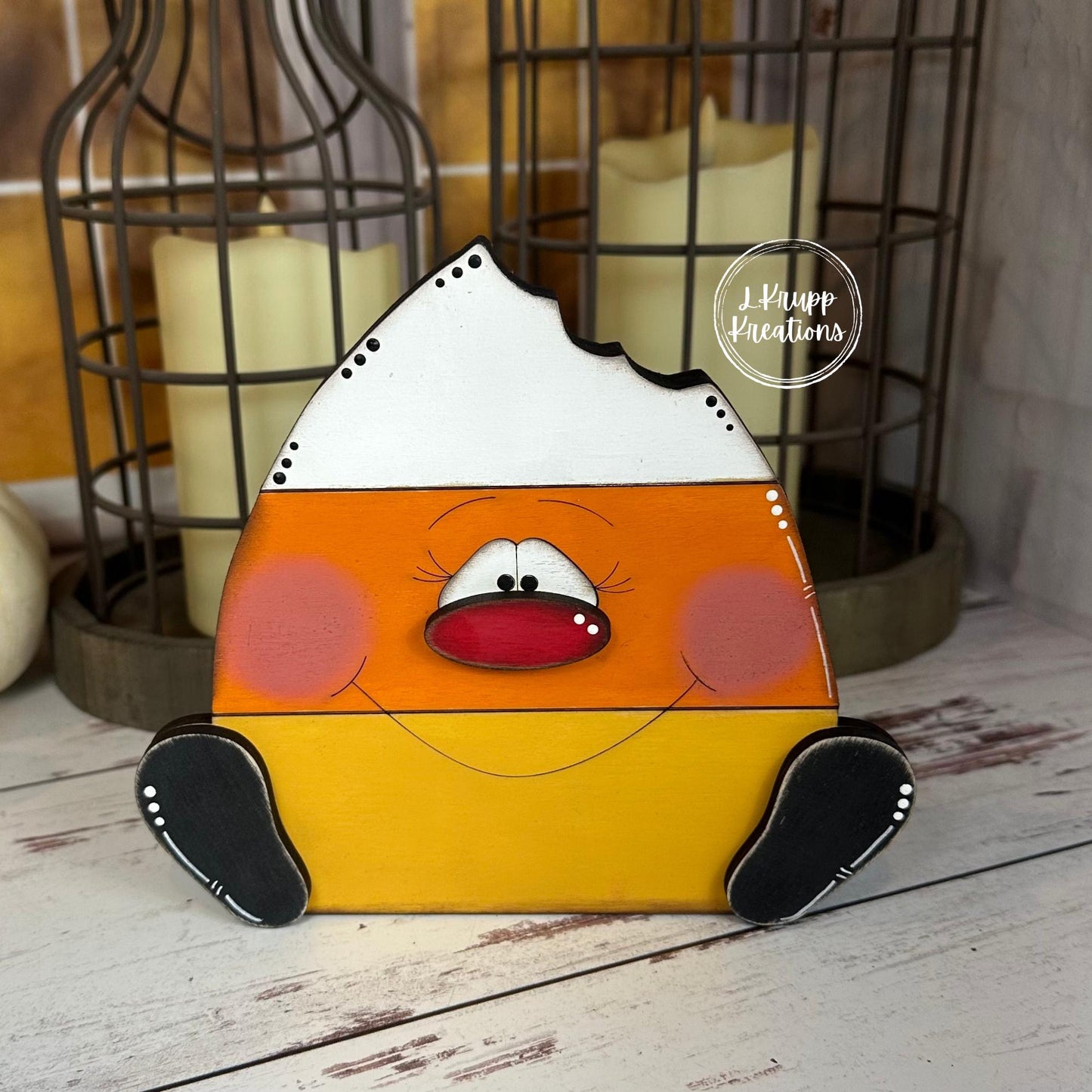 Chunky Wood Candy Corn Trio  Hand Painted Distressed Halloween Shelf Sitters with Fun Faces