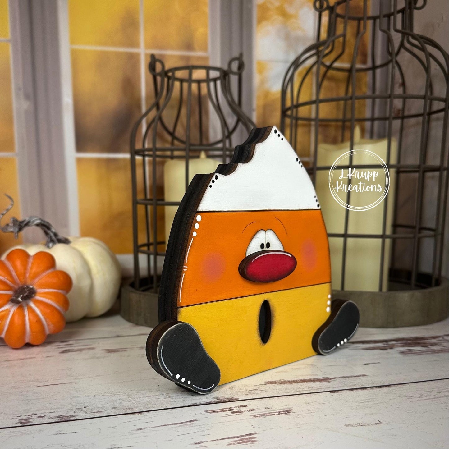 Chunky Wood Candy Corn Trio  Hand Painted Distressed Halloween Shelf Sitters with Fun Faces