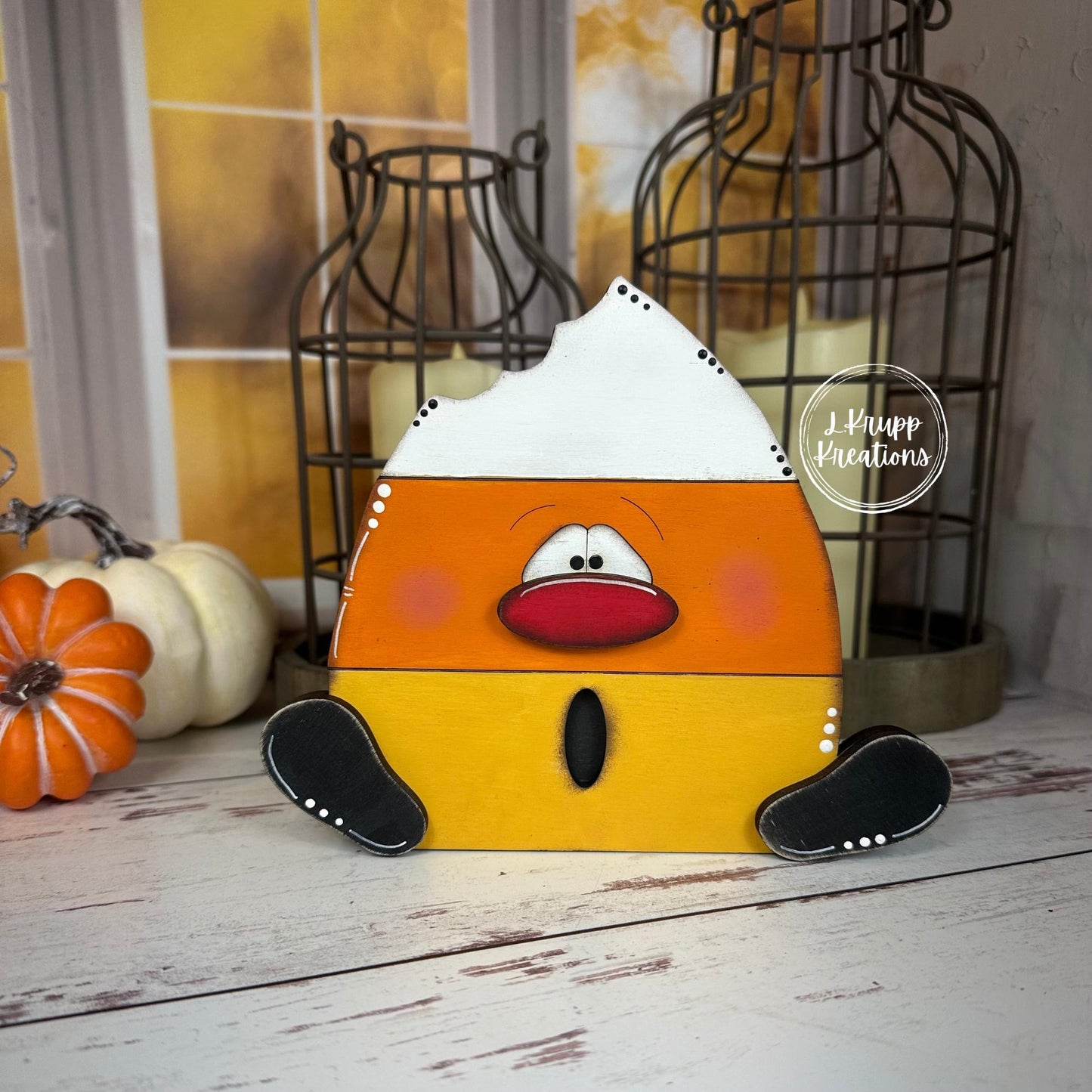 Chunky Wood Candy Corn Trio  Hand Painted Distressed Halloween Shelf Sitters with Fun Faces