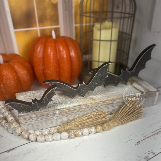 Tiered Tray Bats — Rustic Wood Halloween Shelf Décor, Farmhouse Halloween Accent