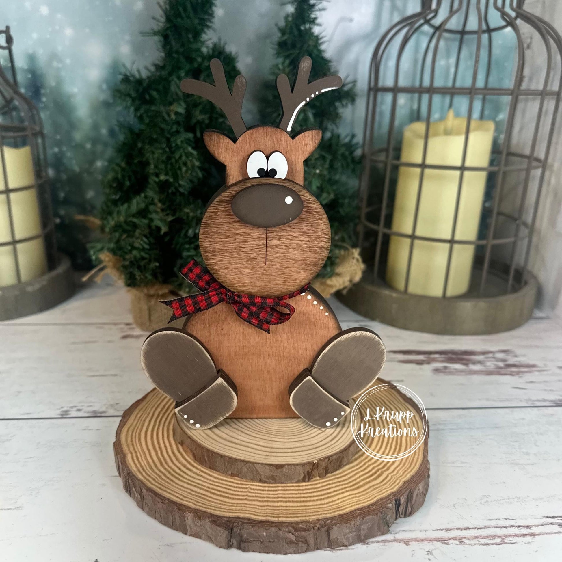 Hand Painted Chunky Wooden Reindeer Shelf Sitter - Farmhouse Christmas Decor
