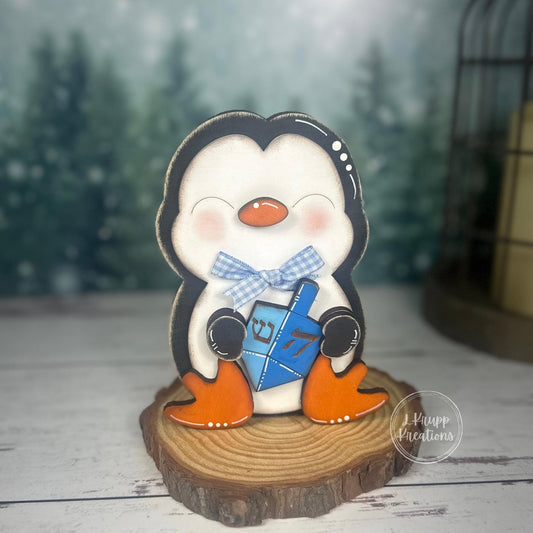 Rustic Hanukkah Penguin Shelf Sitter  Hand-Painted Farmhouse Holiday Decor