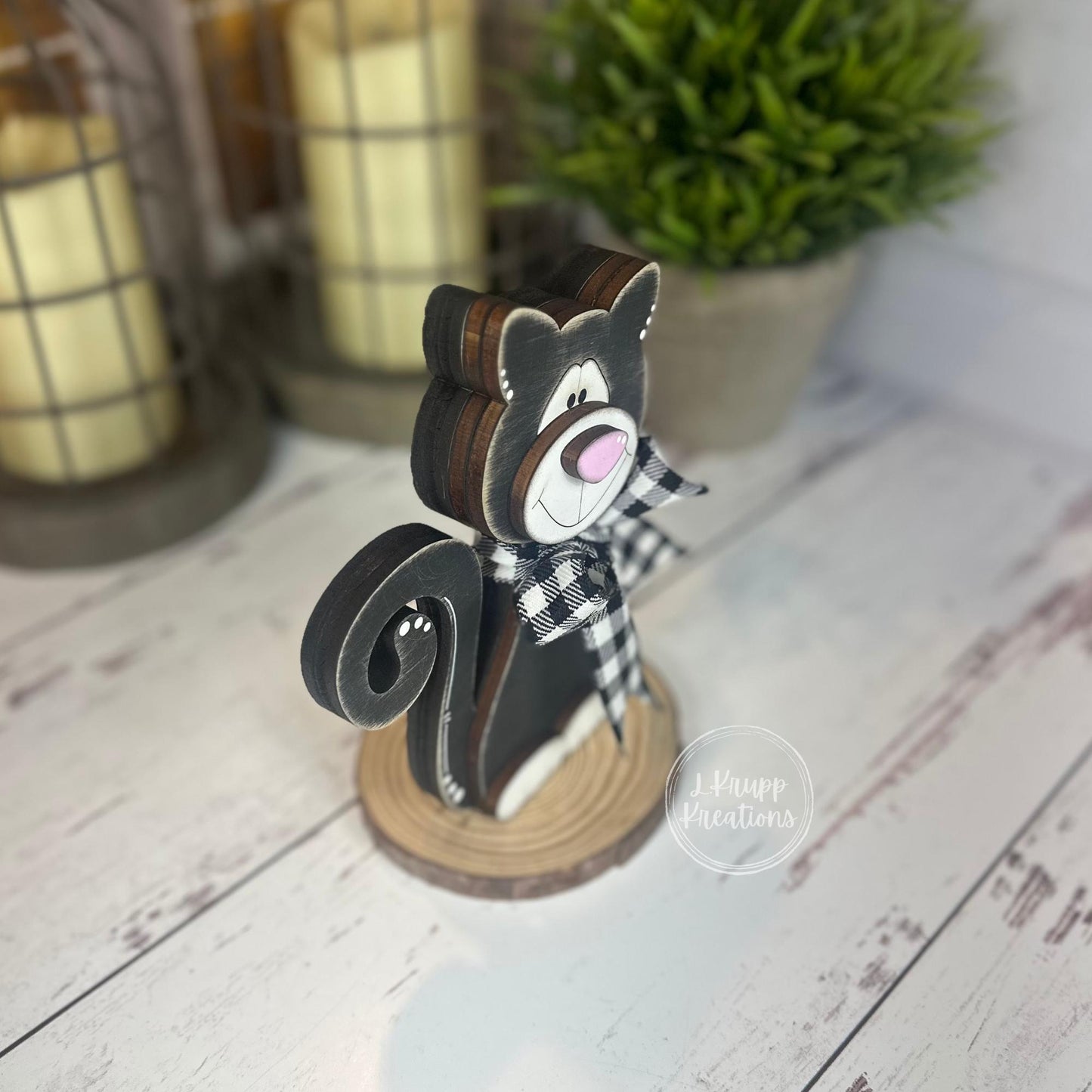 Black & White Wooden Cat  Hand-Painted Shelf Sitter or Decor