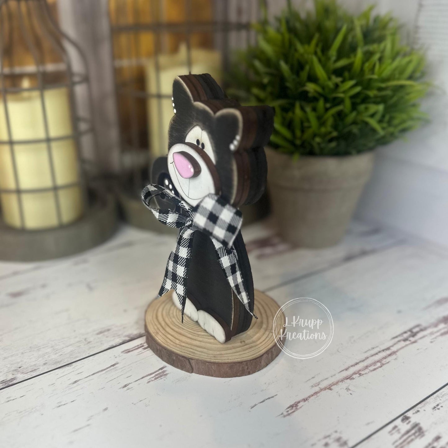 Black & White Wooden Cat  Hand-Painted Shelf Sitter or Decor