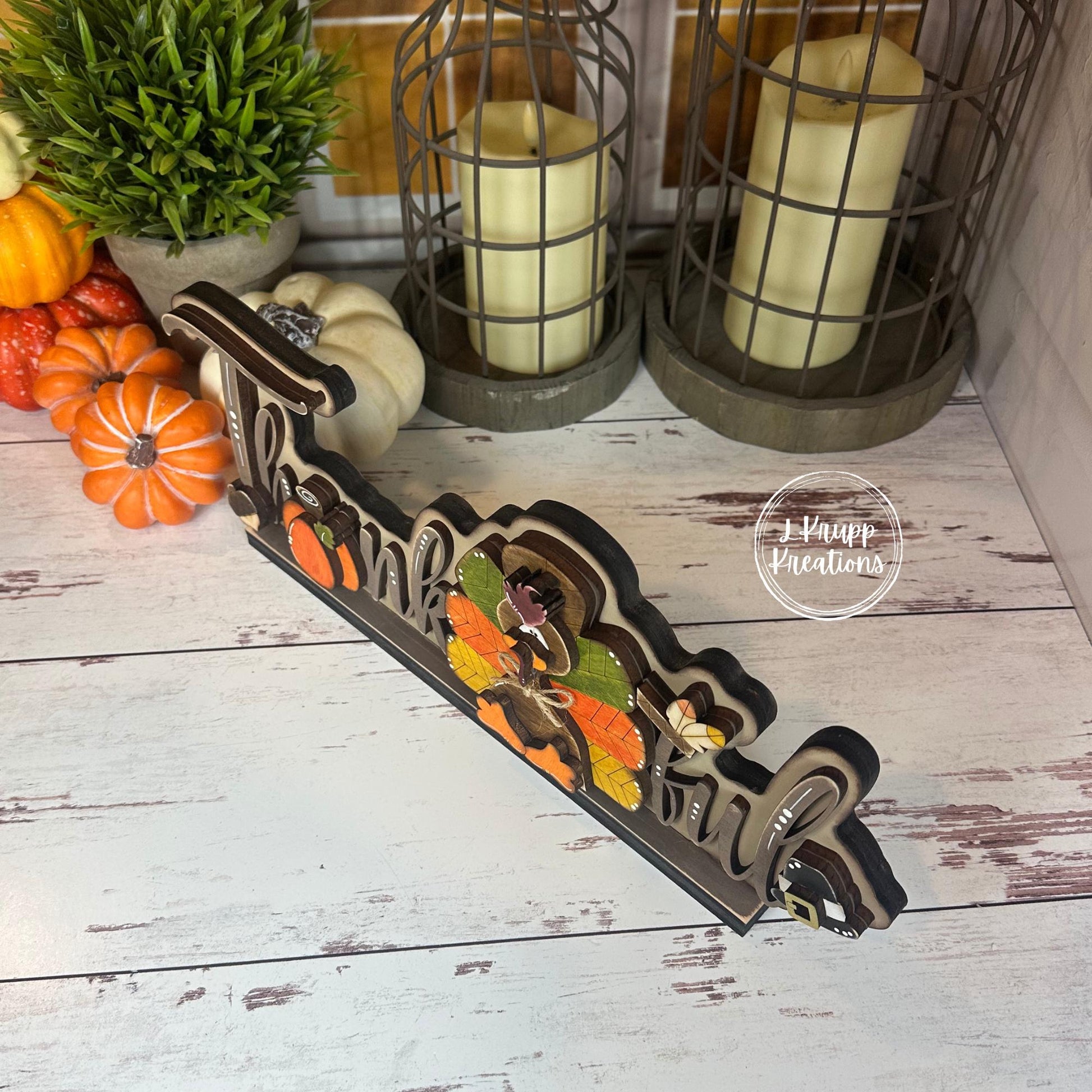 Thankful Thanksgiving Sign Rustic Birch Wood Shelf Sitter with Turkey, Pumpkin & Pilgrim Hat Hand Painted Fall Decor