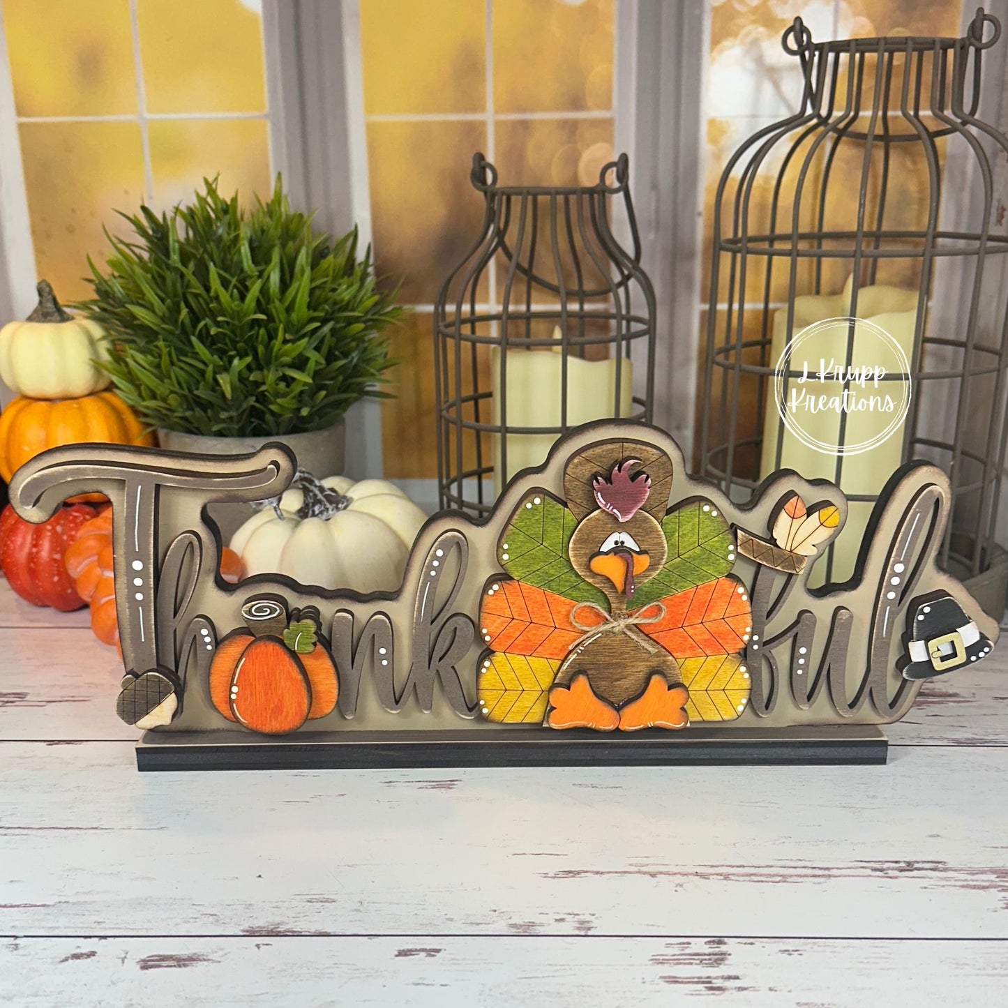 Thankful Thanksgiving Sign Rustic Birch Wood Shelf Sitter with Turkey, Pumpkin & Pilgrim Hat Hand Painted Fall Decor