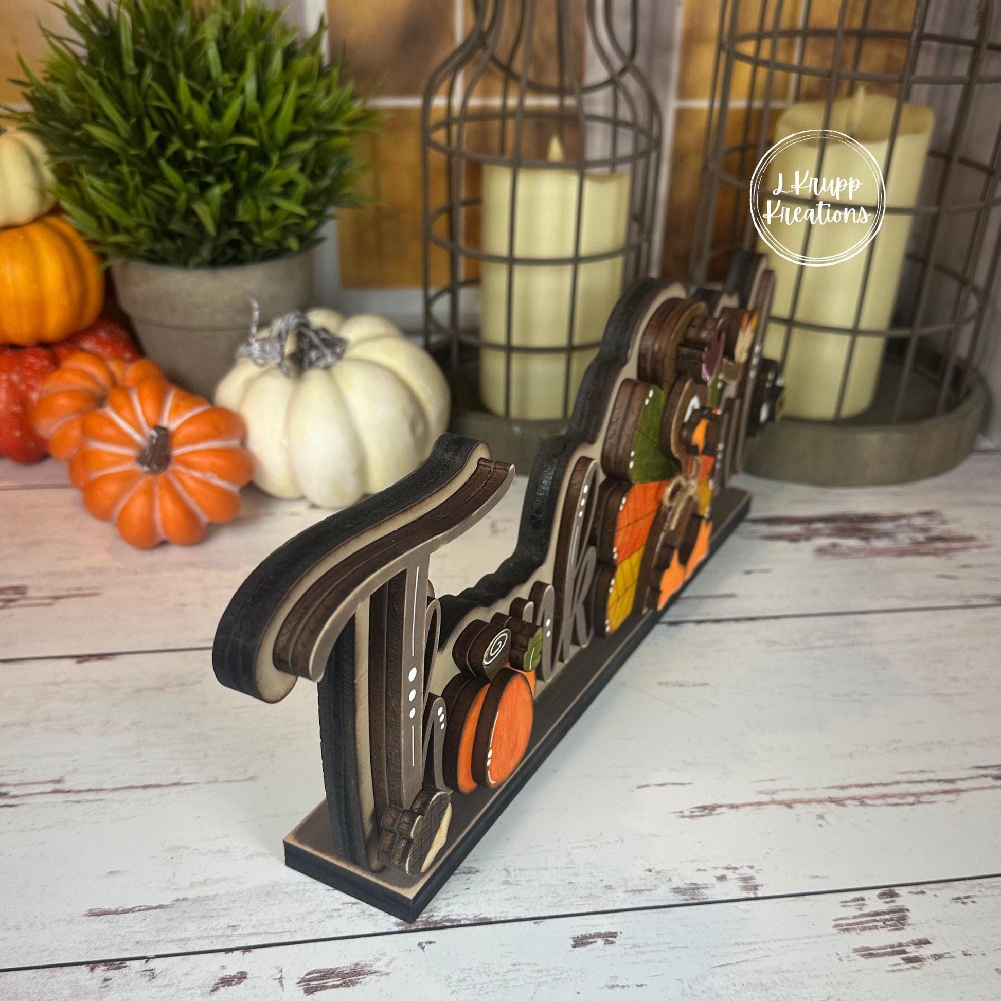 Thankful Thanksgiving Sign Rustic Birch Wood Shelf Sitter with Turkey, Pumpkin & Pilgrim Hat Hand Painted Fall Decor