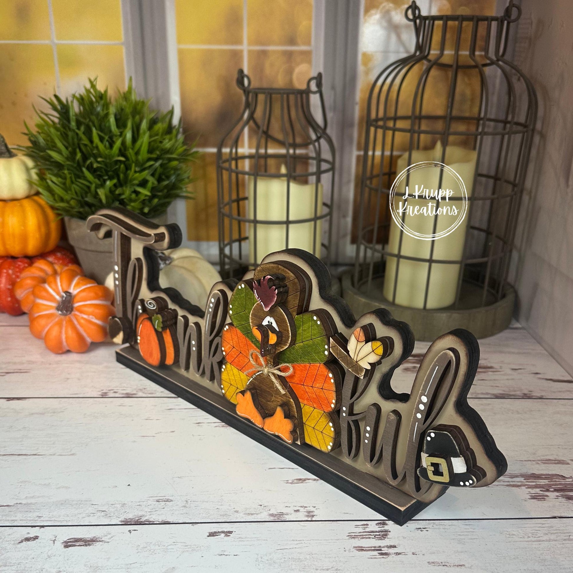 Thankful Thanksgiving Sign Rustic Birch Wood Shelf Sitter with Turkey, Pumpkin & Pilgrim Hat Hand Painted Fall Decor