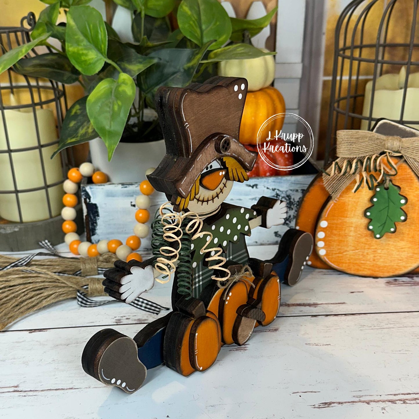 Sitting Scarecrow with Pumpkins and an Acorn – Rustic Wooden Fall Decor