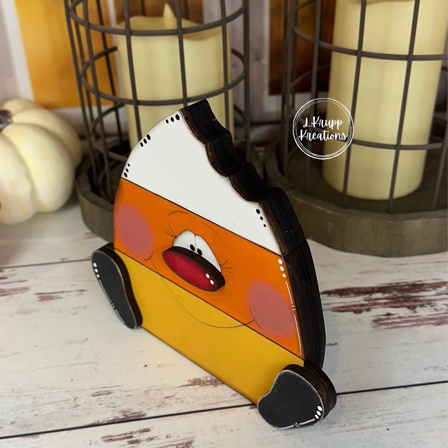 Chunky Wood Candy Corn Trio  Hand Painted Distressed Halloween Shelf Sitters with Fun Faces