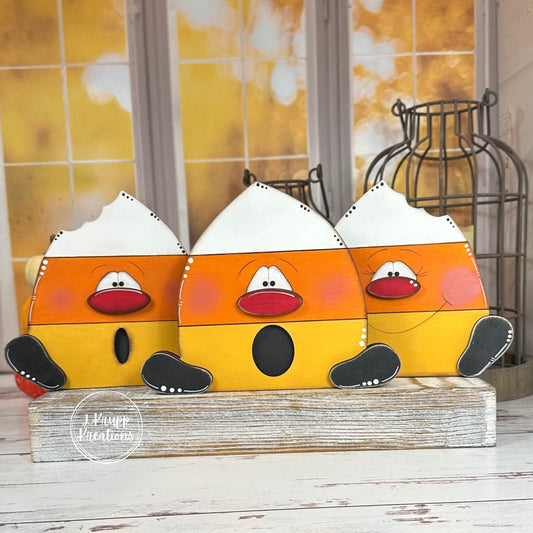 Chunky Wood Candy Corn Trio  Hand Painted Distressed Halloween Shelf Sitters with Fun Faces