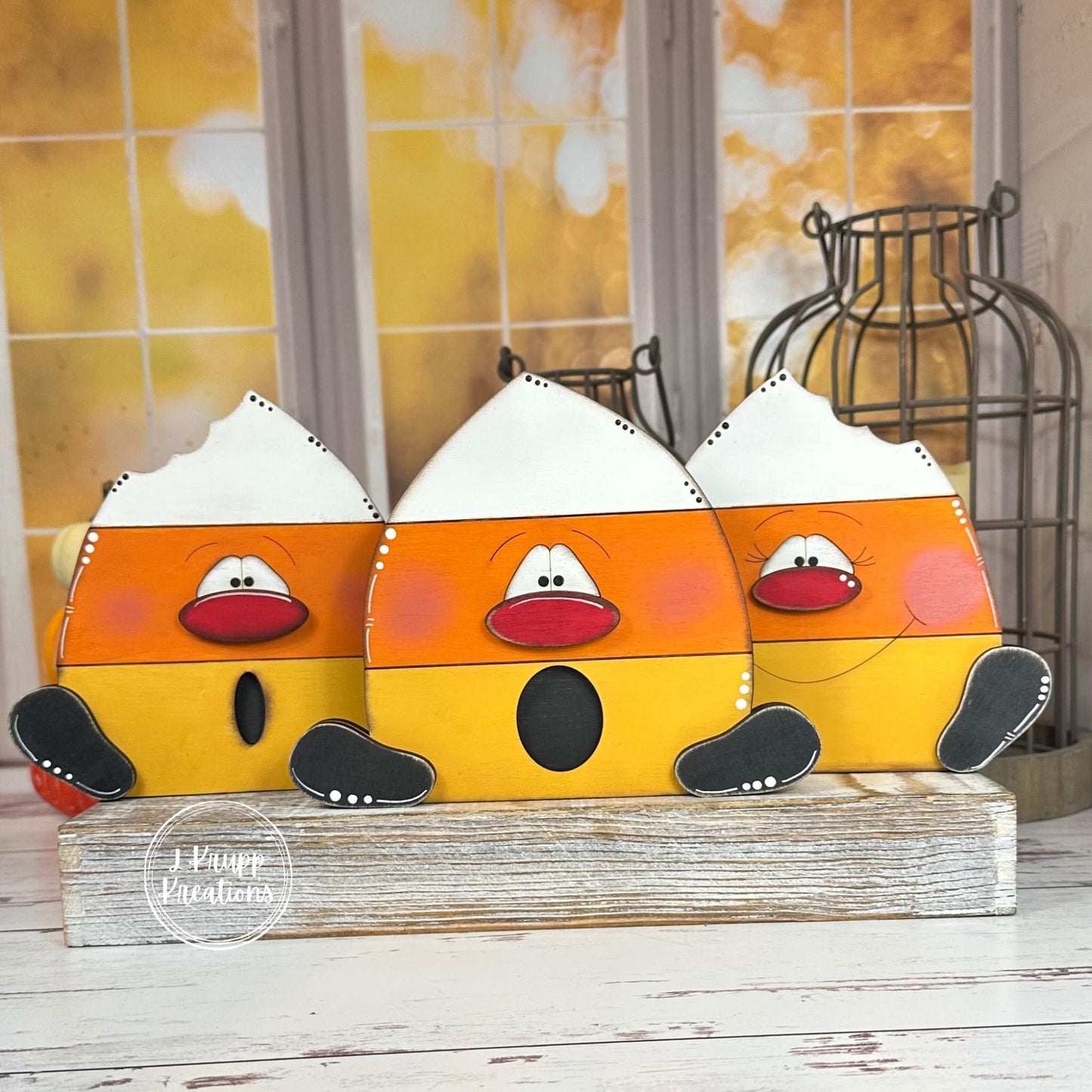 Chunky Wood Candy Corn Trio – Hand Painted Distressed Halloween Shelf Sitters with Fun Faces