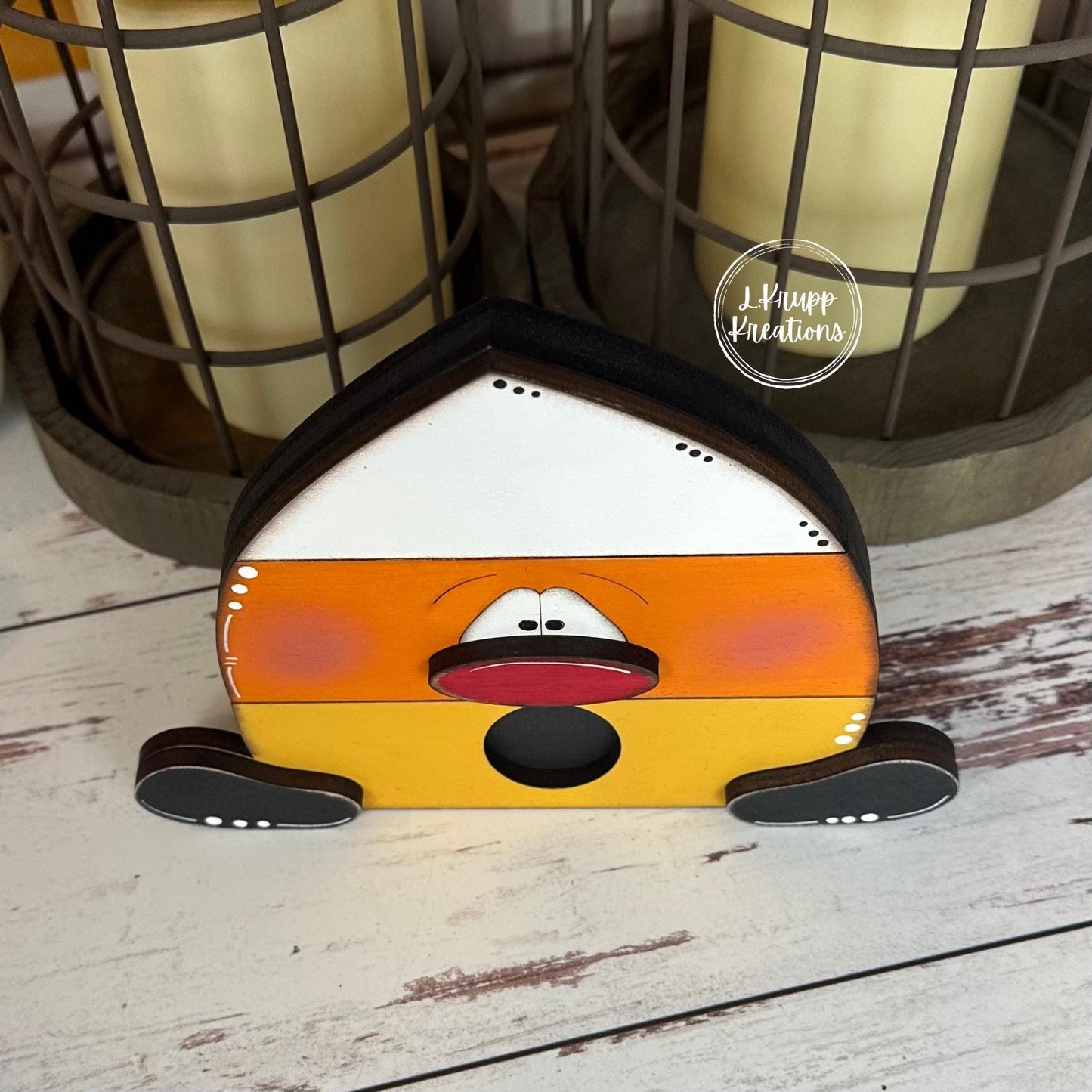 Chunky Wood Candy Corn Trio  Hand Painted Distressed Halloween Shelf Sitters with Fun Faces