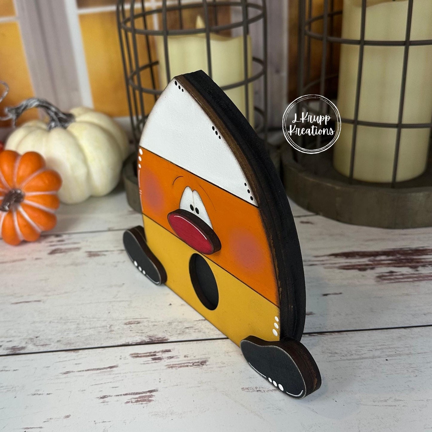 Chunky Wood Candy Corn Trio  Hand Painted Distressed Halloween Shelf Sitters with Fun Faces